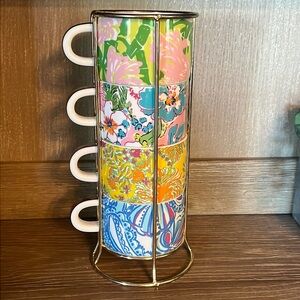 Lilly Pulitzer 4 Stacking Cup Mugs Set 8.8 oz Caddy Stand